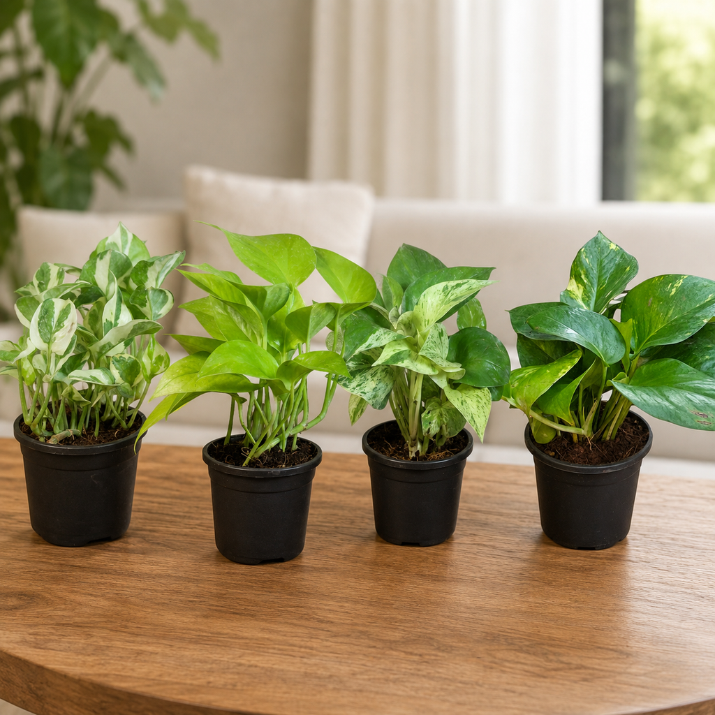 Four small potted pothos plant varieties in black nursery pots, arranged on a wooden table in a bright living room setting.