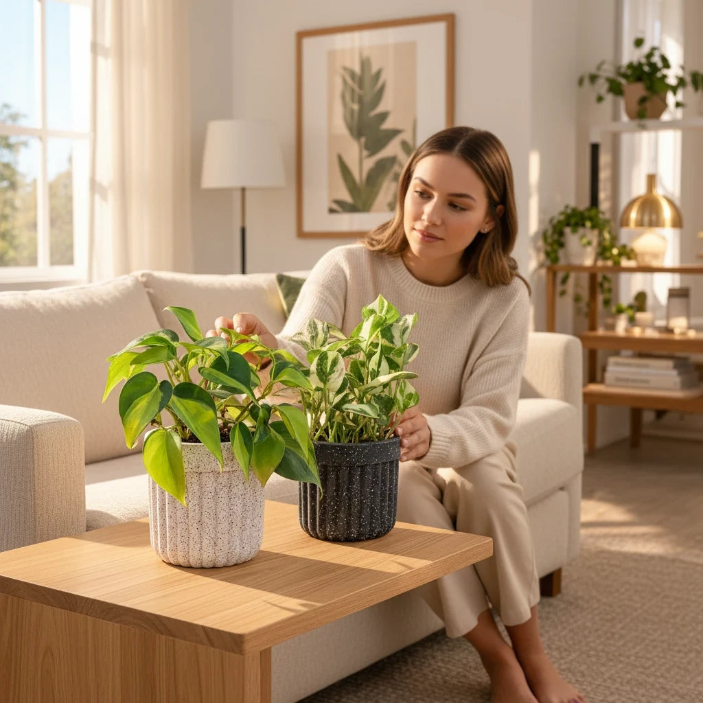 Greenvruksha indoor plant set featuring two variegated pothos plants in textured white and black ceramic pots