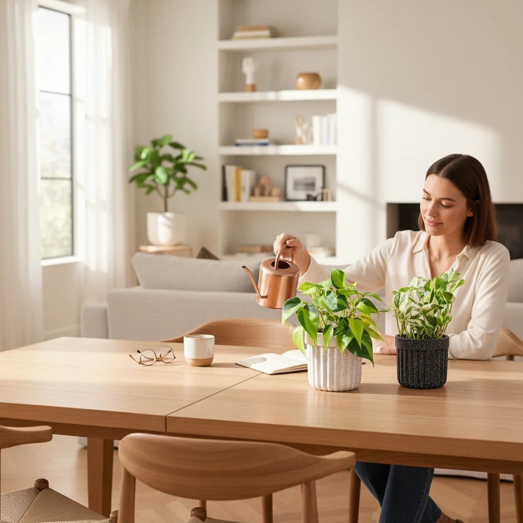 A woman watering Greenvruksha Variegated Edit indoor plants in textured pots on a wooden dining table